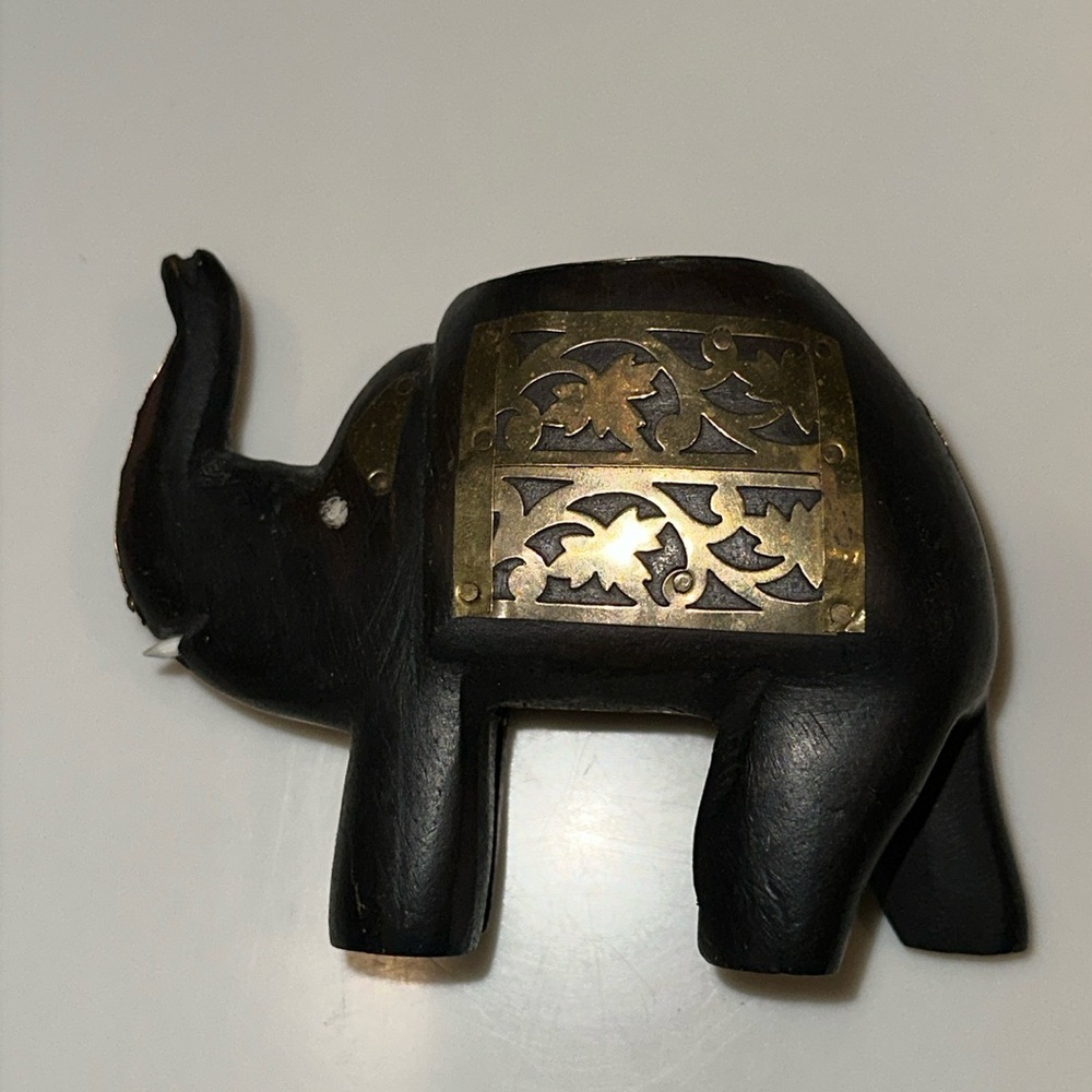 HANDMADE Carved Wood and Brass Elephant Figurine 3.5”